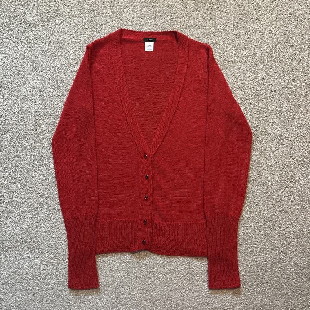 J Crew Womens Medium Cardigan Sweater Gem Button Up Red Super Fine Alpaca Merino